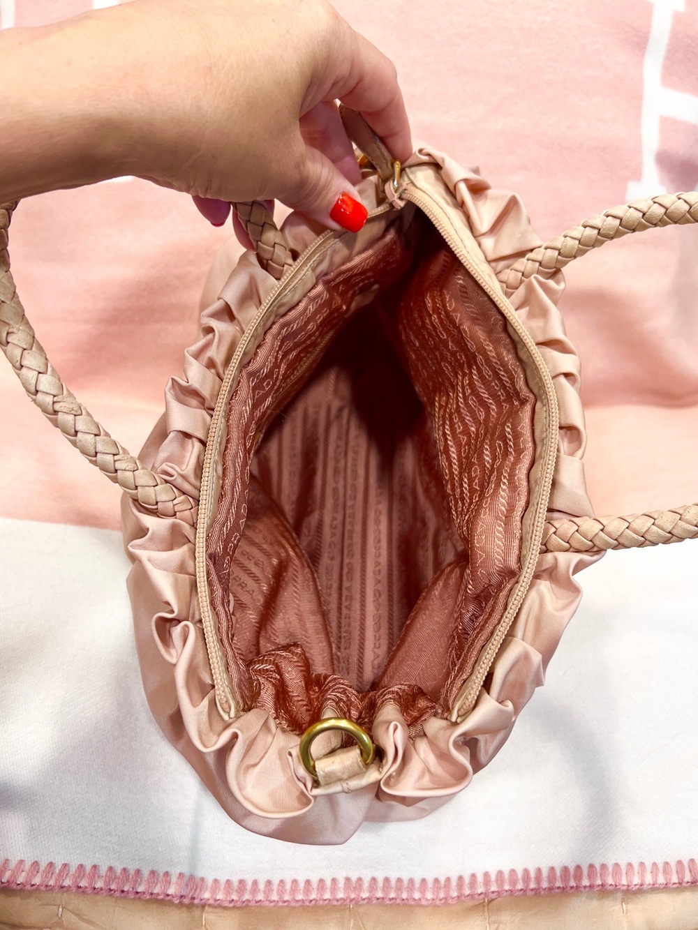 Prada⭐️Pocono nylon Blush Pink Satchel with Gold Logo.⭐️Offers welcome - Picture 9 of 11